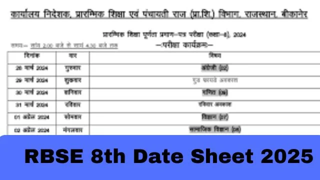 RBSE 8th Date Sheet 2025